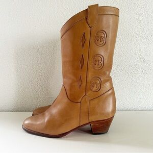 Vintage Gucci Cowboy Western Boots Interlocking GG Logo Tan Beige Size US 6.5